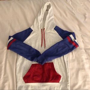 Red, blue, and heathered white pullover hoodie